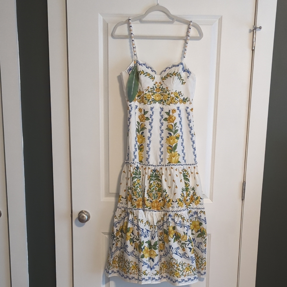 Farm Rio White Floral Print Spaghetti Strap Dress